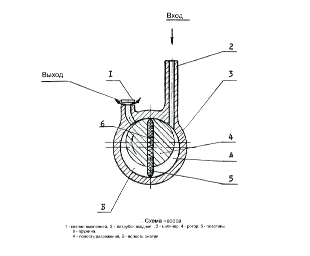 Схема устройства элементов пластинчато-роторного вакуумного насоса вид сбоку